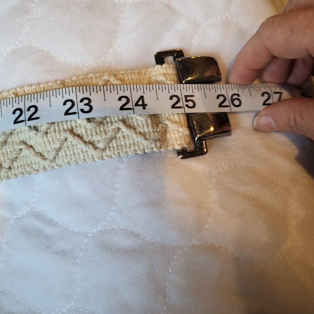 Woven Stretchy Belt Cream Silver Toned Buckle Clasp Boho Hippie Natural - Picture 13 of 15